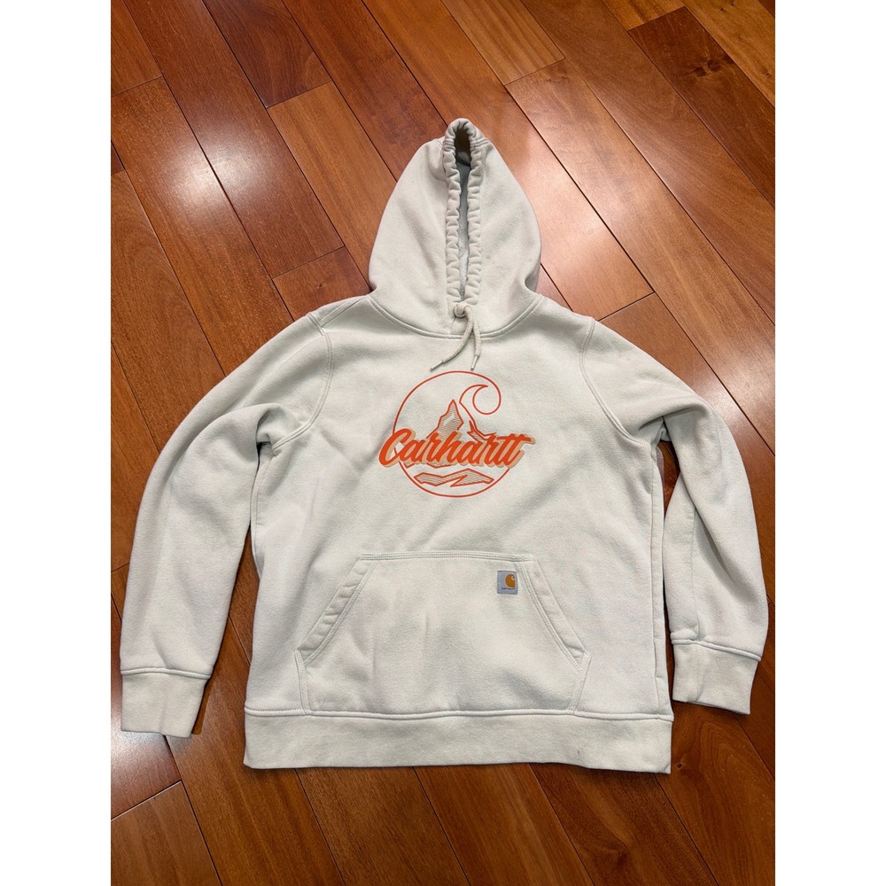 Carhartt Hoodie White Relaxed Fit Graphic Mountain Logo Sweatshirt Size L(12-14)